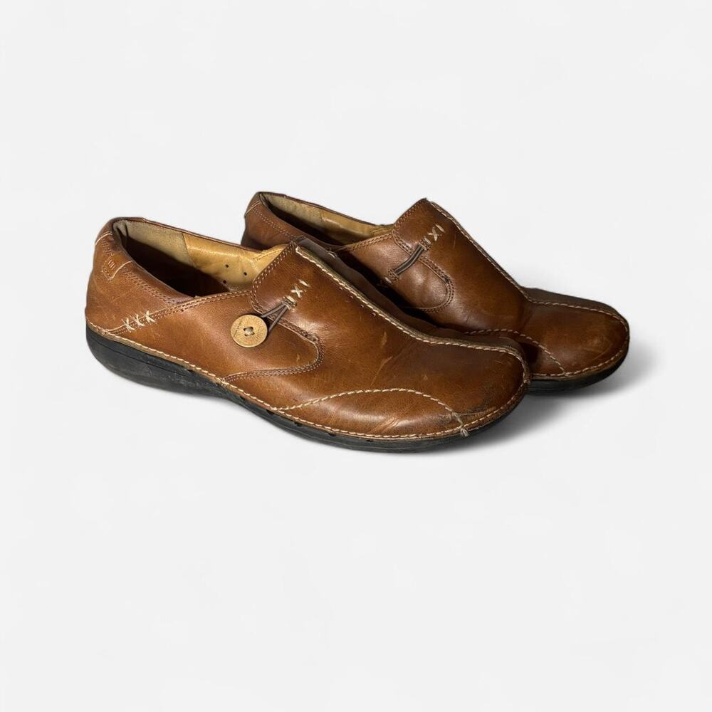 Clarks Unstructured Womens 10W Brown Leather Button Loafers Comfort Shoes